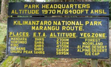 A board showing different campsites and their altitude, 7 Days Marangu Mount Kilimanjaro
