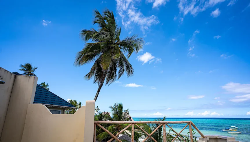 a sea facing hotel balcony and palm tree 5 days Zanzibar holiday low season package